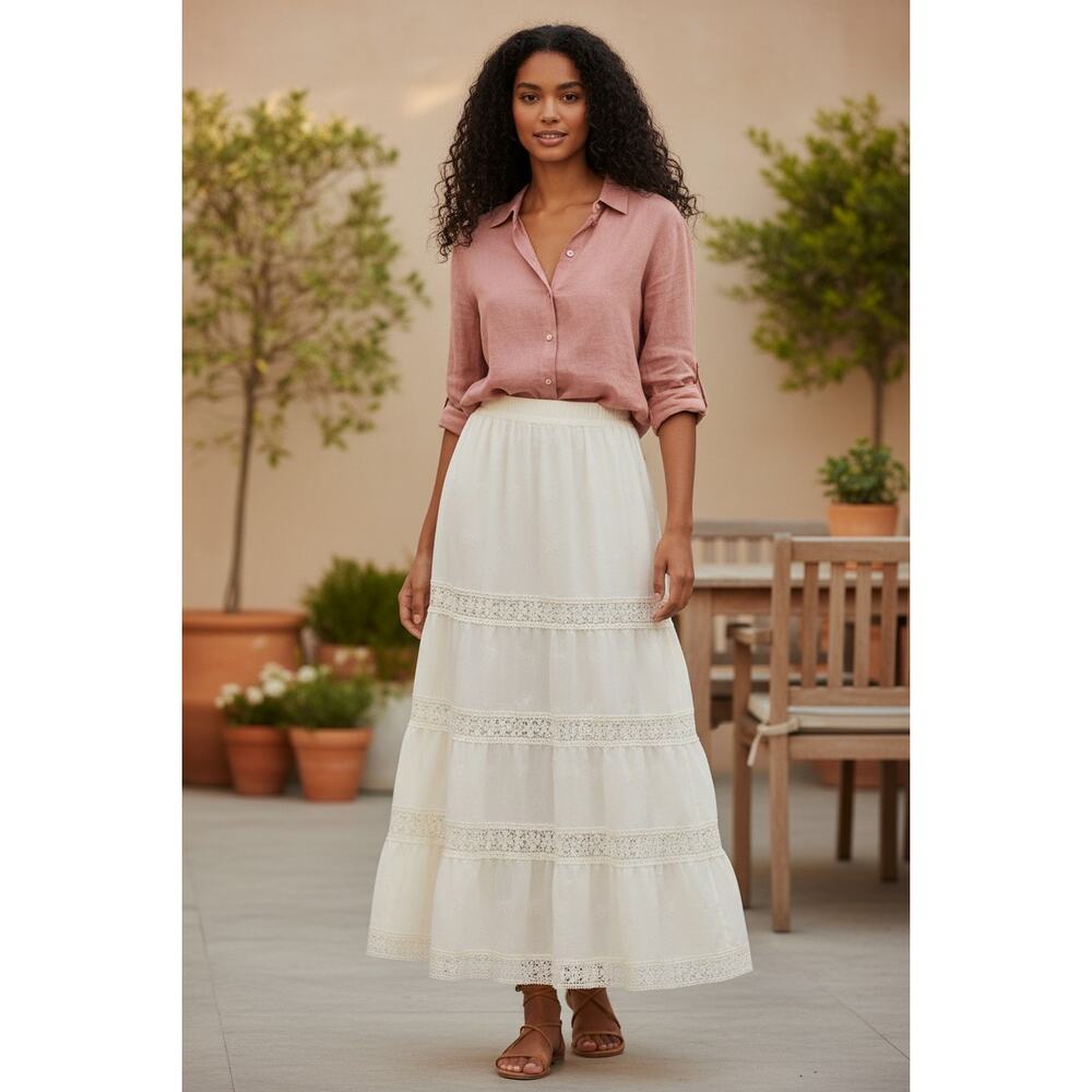 Ivory White Tiered Lace Maxi Skirt Santorini Coastal Romantic L